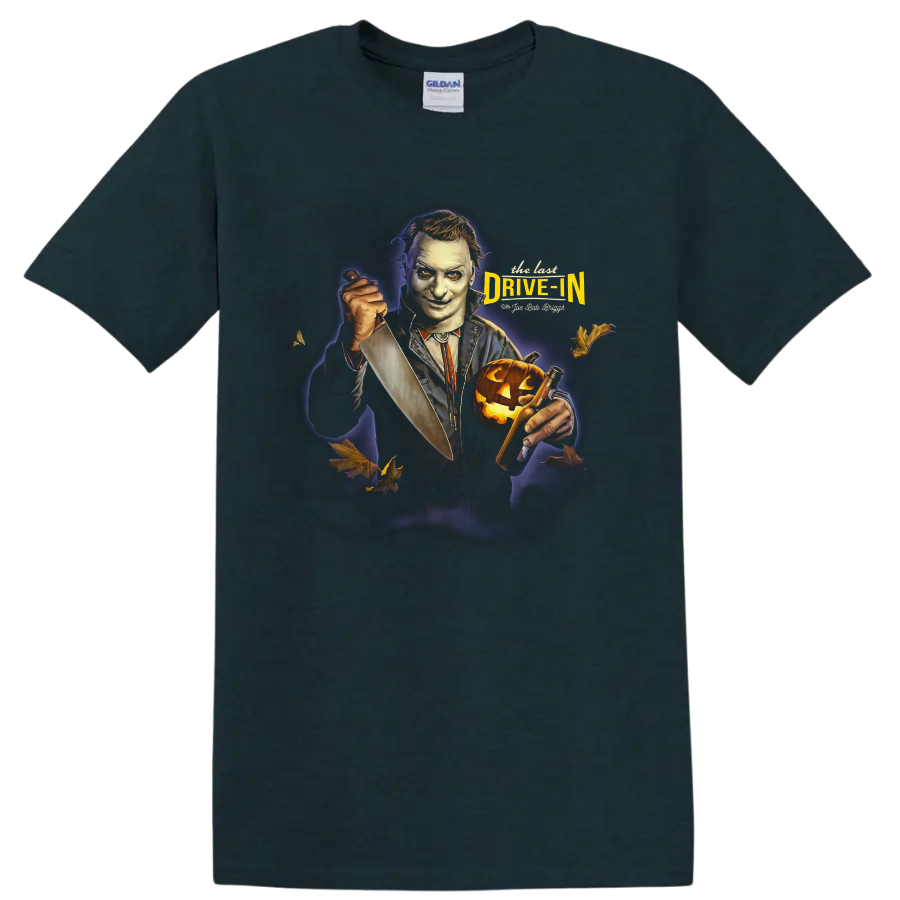 The Last Drive In 2 horror movie host with knife and pumpkin graphic on a Midnight (Green) T Shirt