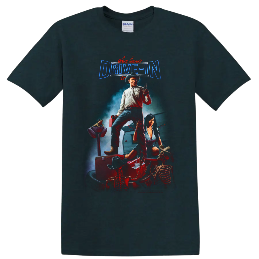 The Last Drive In cowboy and skeleton roadside horror poster art on a Midnight (Green) T Shirt