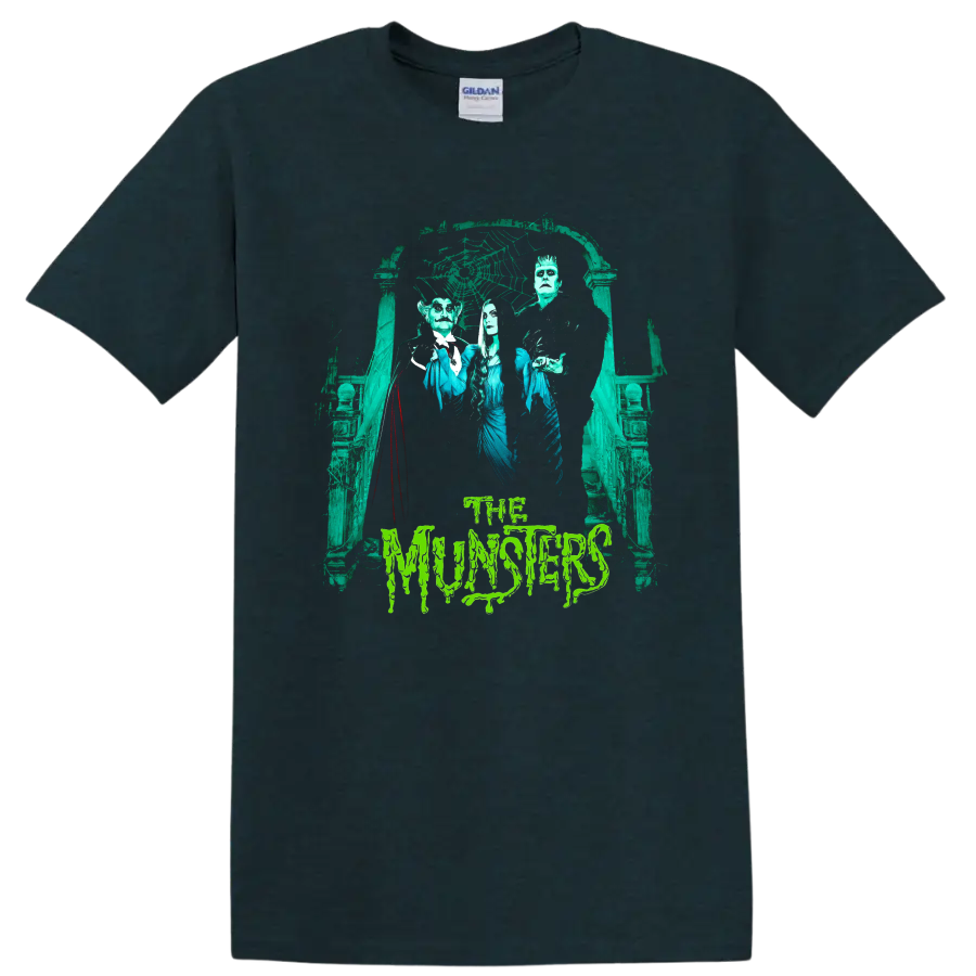 The Munsters gothic family portrait with haunted archway and dripping text on a Midnight (Green) T Shirt