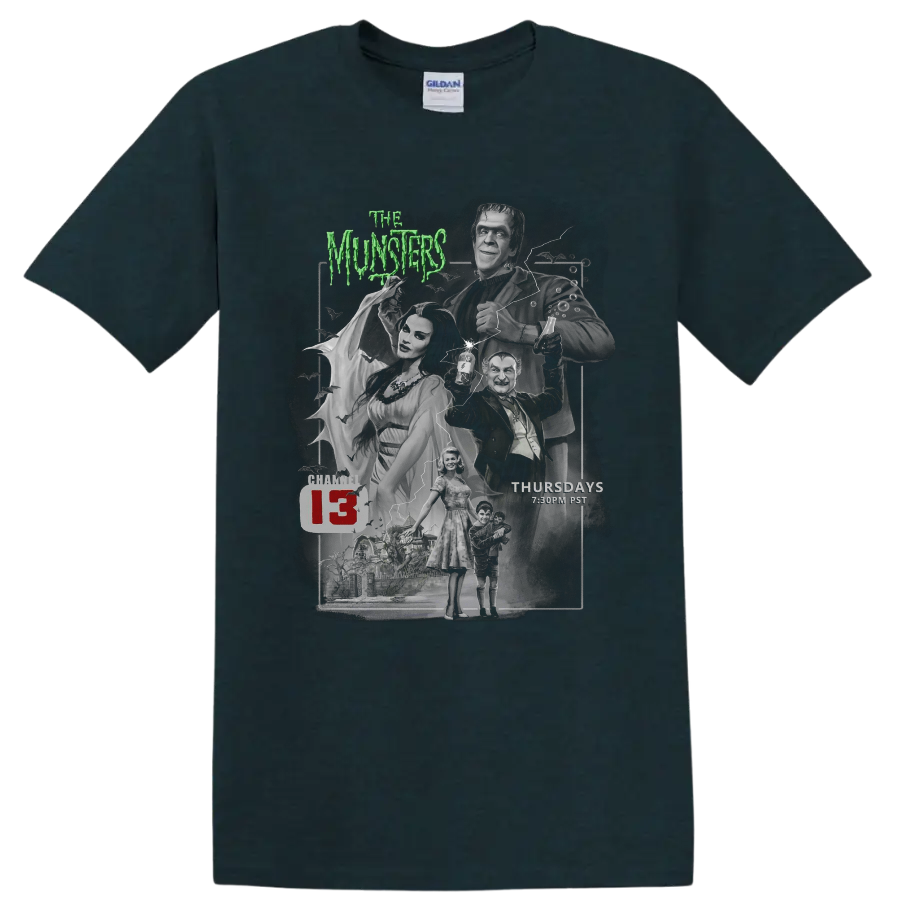 The Munsters 3 vintage gothic horror cast collage with green title text on a Midnight (Green) T Shirt