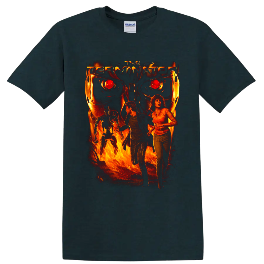 Terminator 3 fiery cyborg movie poster art with fleeing figures on a Midnight (Green) T Shirt