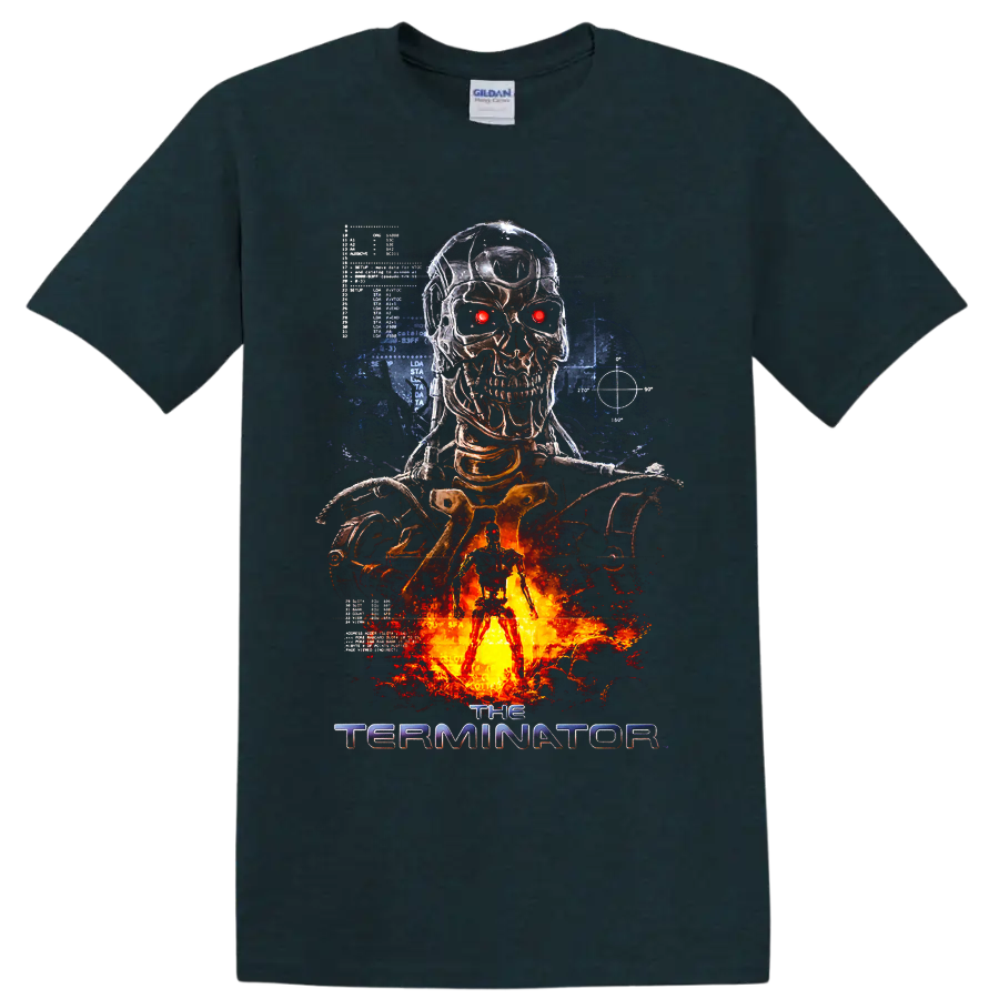 Terminator Salvation cybernetic skull with glowing red eyes and fiery sci-fi artwork on a Midnight (Green) T Shirt
