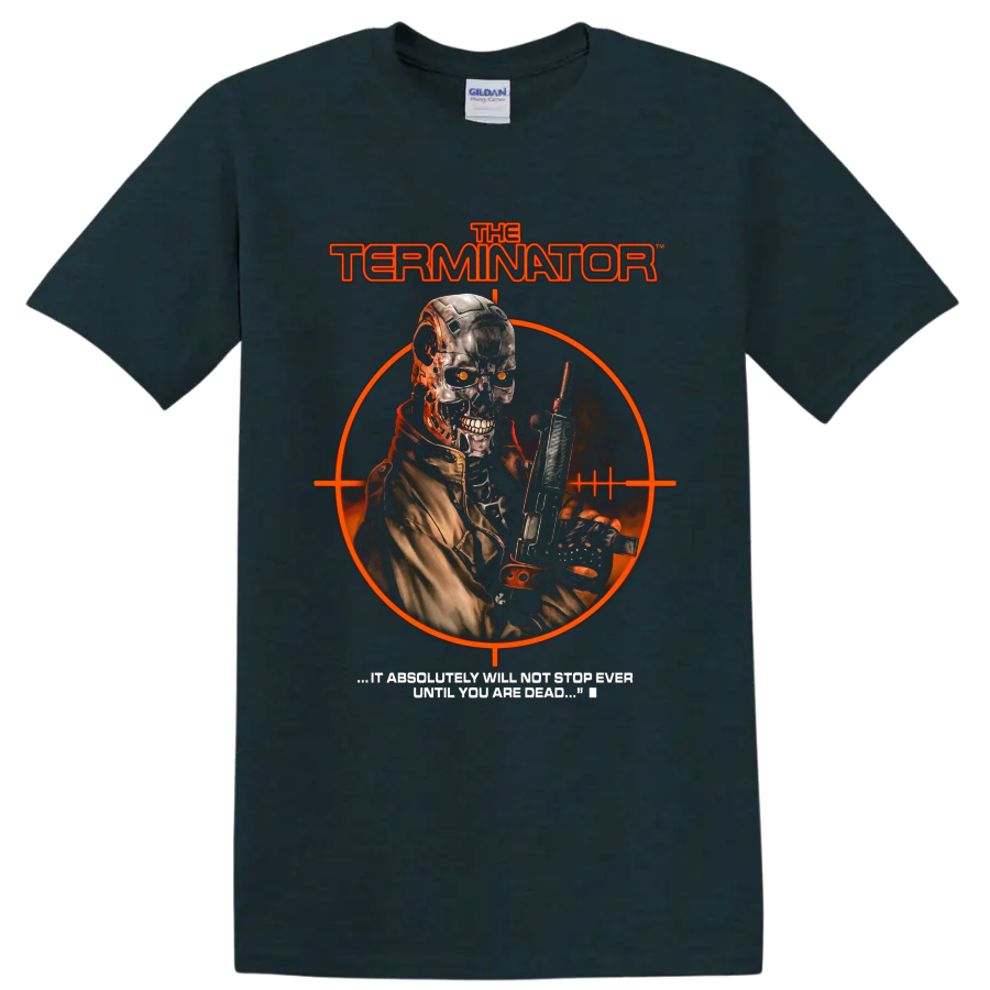 Terminator Genisys cybernetic soldier with rifle and orange target graphic on a Midnight (Green) T Shirt