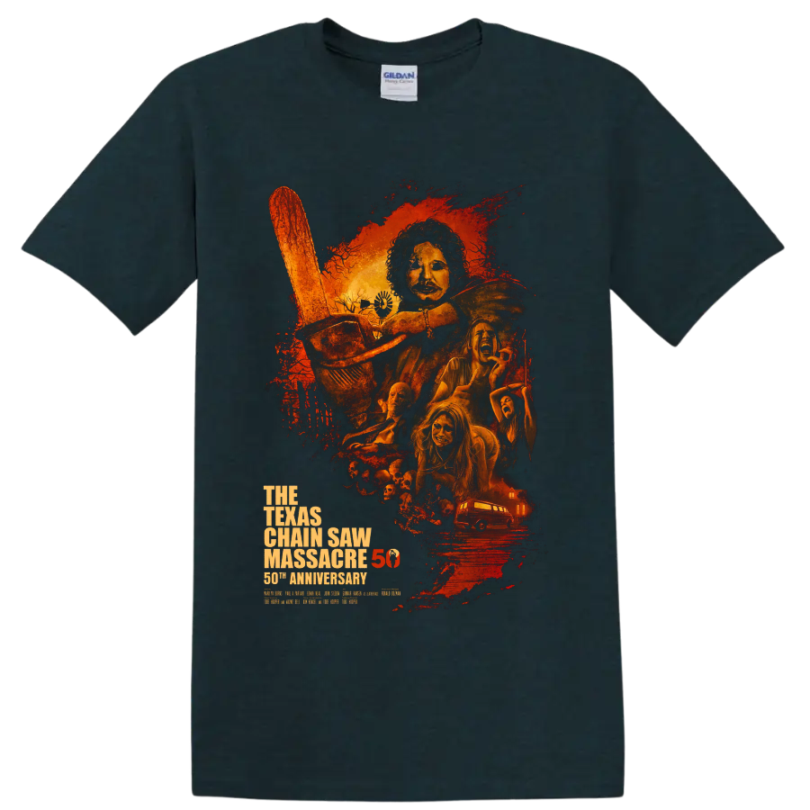 Leatherface chainsaw horror poster with 50th anniversary text on a Midnight (Green) T Shirt