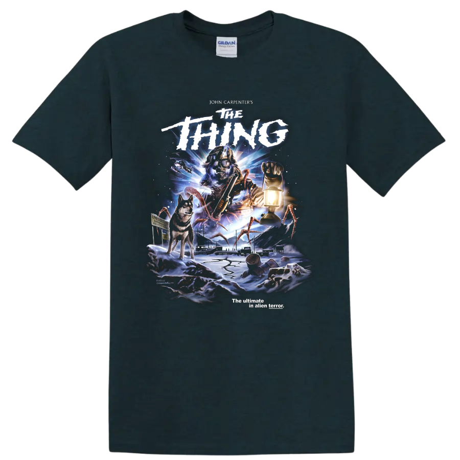 John Carpenter's The Thing arctic horror movie poster graphic with dog and lantern on a Midnight (Green) T Shirt