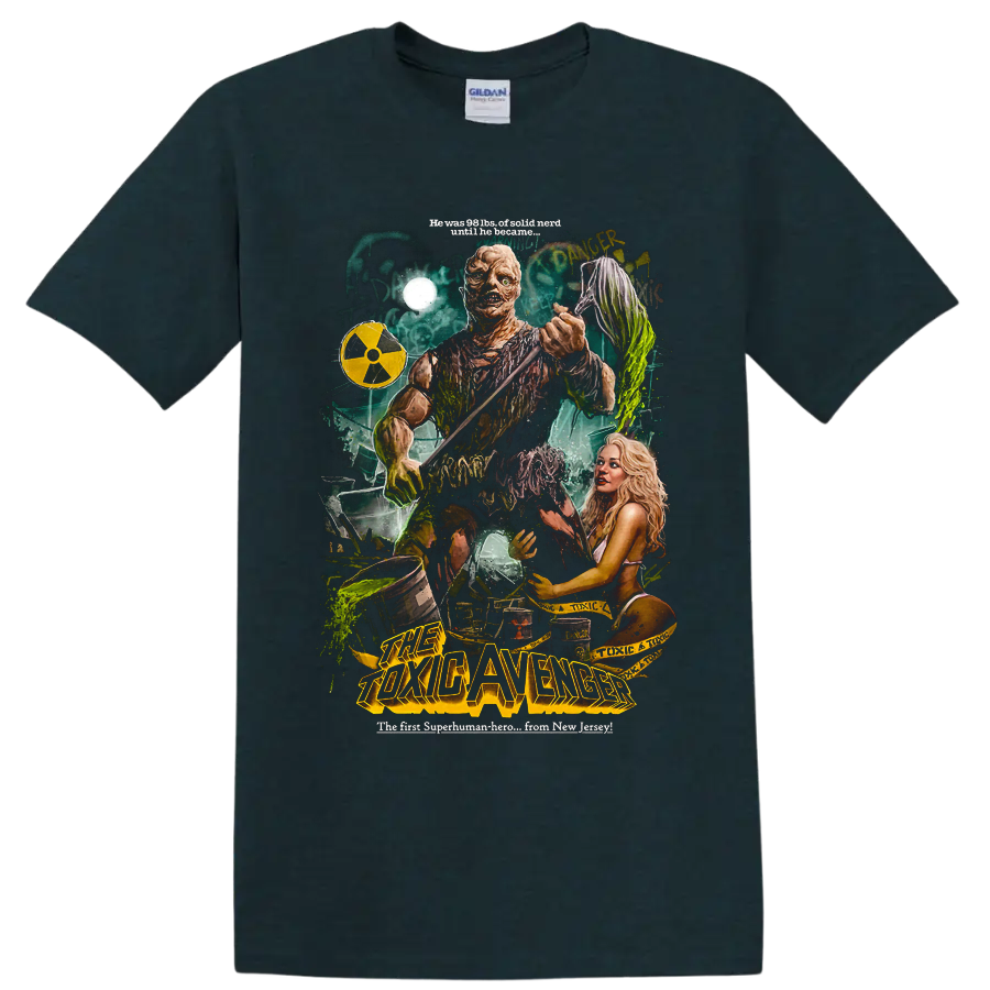 The Toxic Avenger radioactive mutant hero retro horror poster graphic on a Midnight (Green) T Shirt