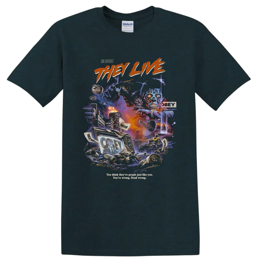 They Live dystopian horror collage with alien skulls and sunglasses on a Midnight (Green) T Shirt