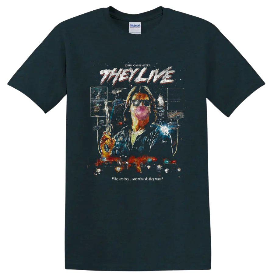 They Live retro sci-fi collage with alien sunglasses and flying saucers on a Midnight (Green) T Shirt