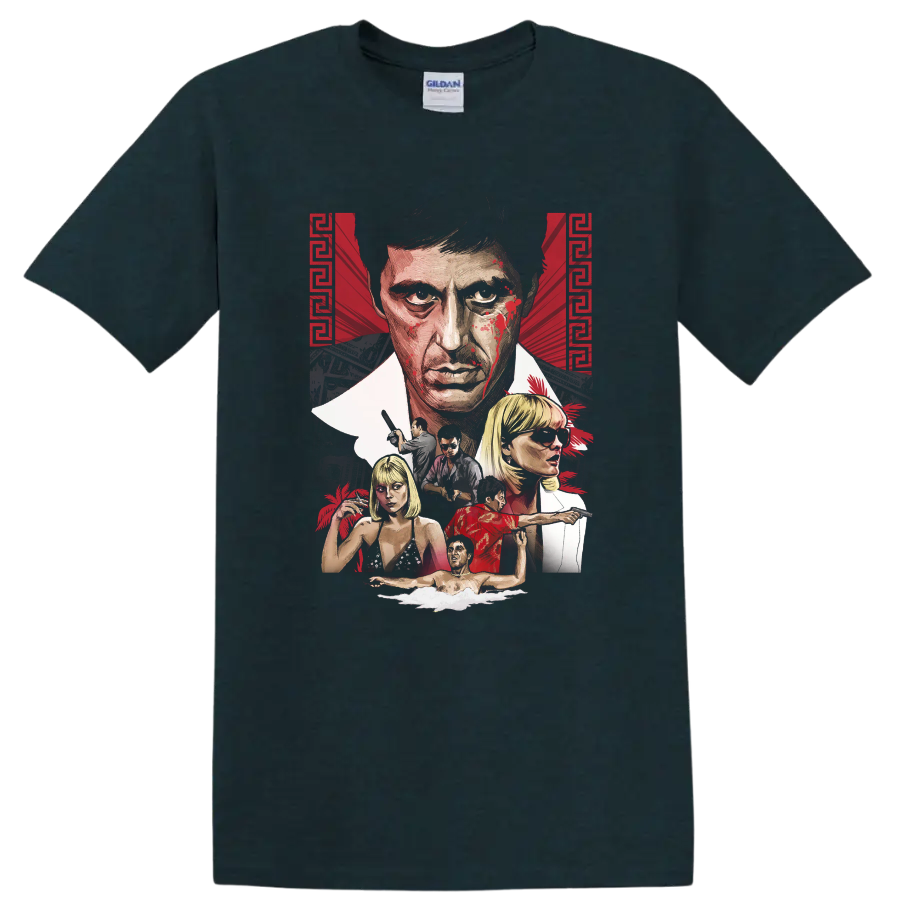 Scarface Tony Montana illustrated crime drama character collage on a Midnight (Green) T Shirt