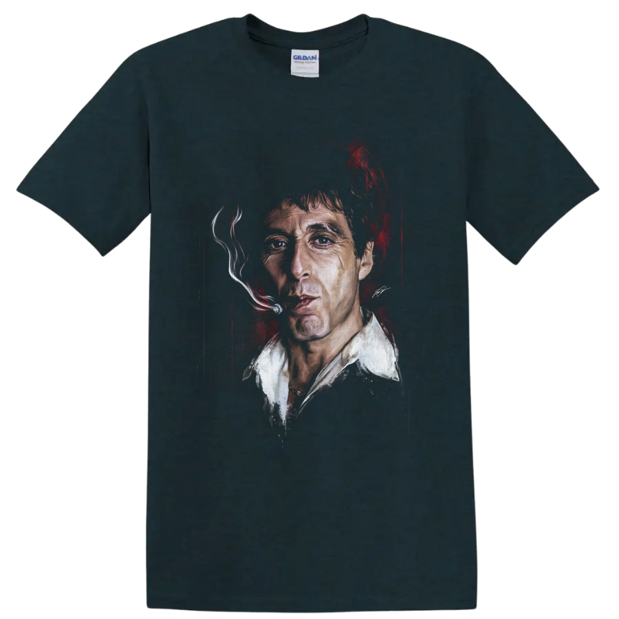Scarface Tony Montana portrait graphic with smoking cigar and red accents on a Midnight (Green) T Shirt