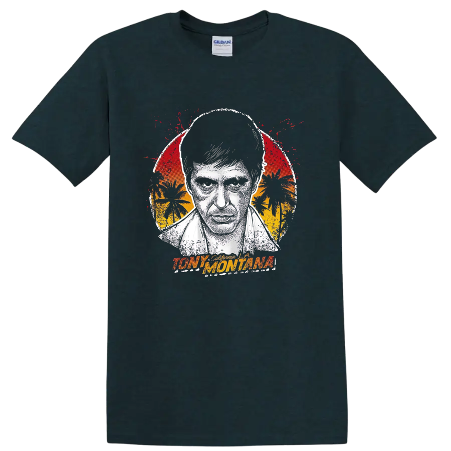 Tony Montana Scarface distressed portrait with tropical sunset graphic on a Midnight (Green) T Shirt