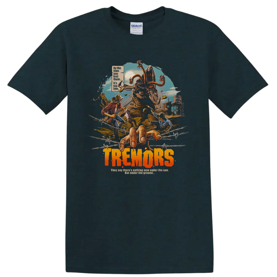 Tremors monster movie graphic with desert survivors and bold title text on a Midnight (Green) T Shirt