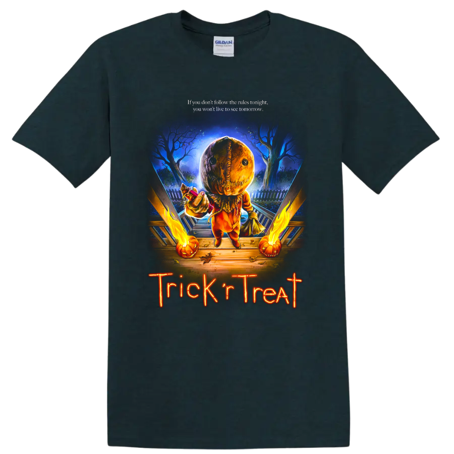Trick 'r Treat pumpkin mask horror graphic with Halloween lettering on a Midnight (Green) T Shirt
