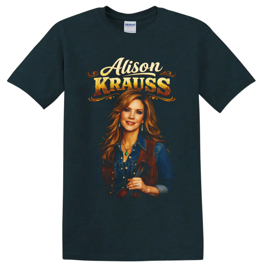 Alison Krauss fiddle portrait with distressed vintage western lettering on a Midnight (Green) T Shirt