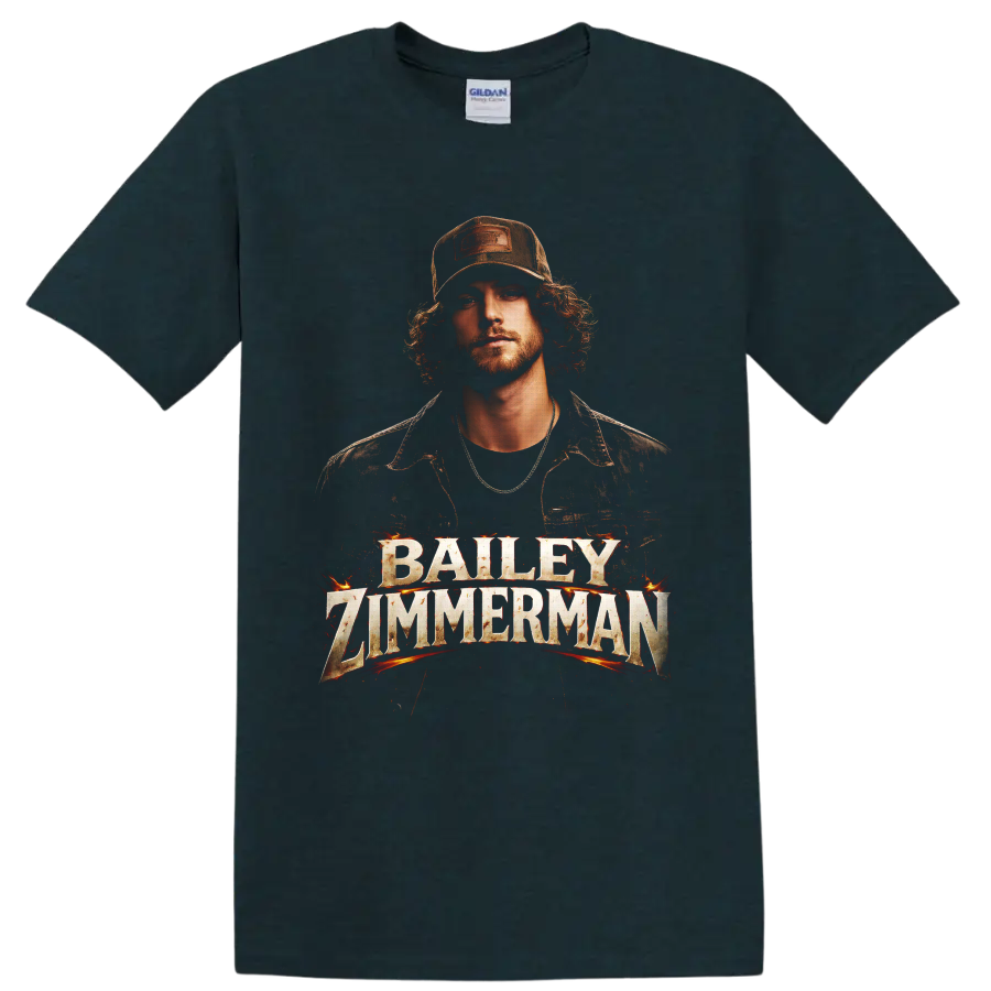 Bailey Zimmerman western portrait with fiery distressed name lettering on a Midnight (Green) T Shirt