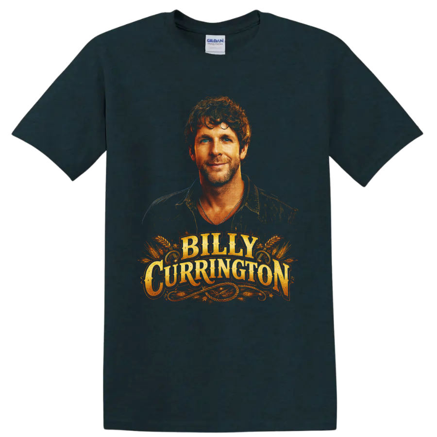 Billy Currington portrait with western gold lettering, wheat stalks, and rope flourishes on a Midnight (Green) T Shirt