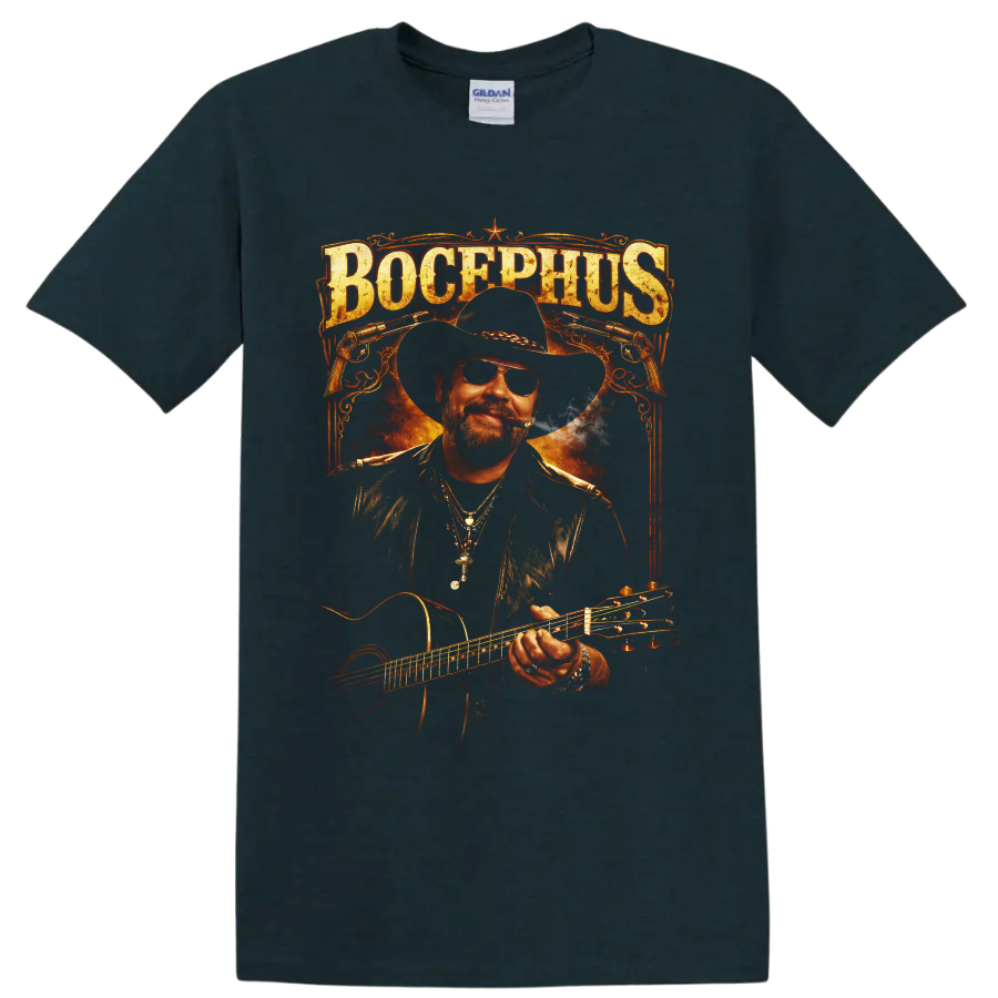 Hank Williams Jr. Bocephus cowboy guitar portrait with Western revolvers and fiery on a Midnight (Green) T Shirt