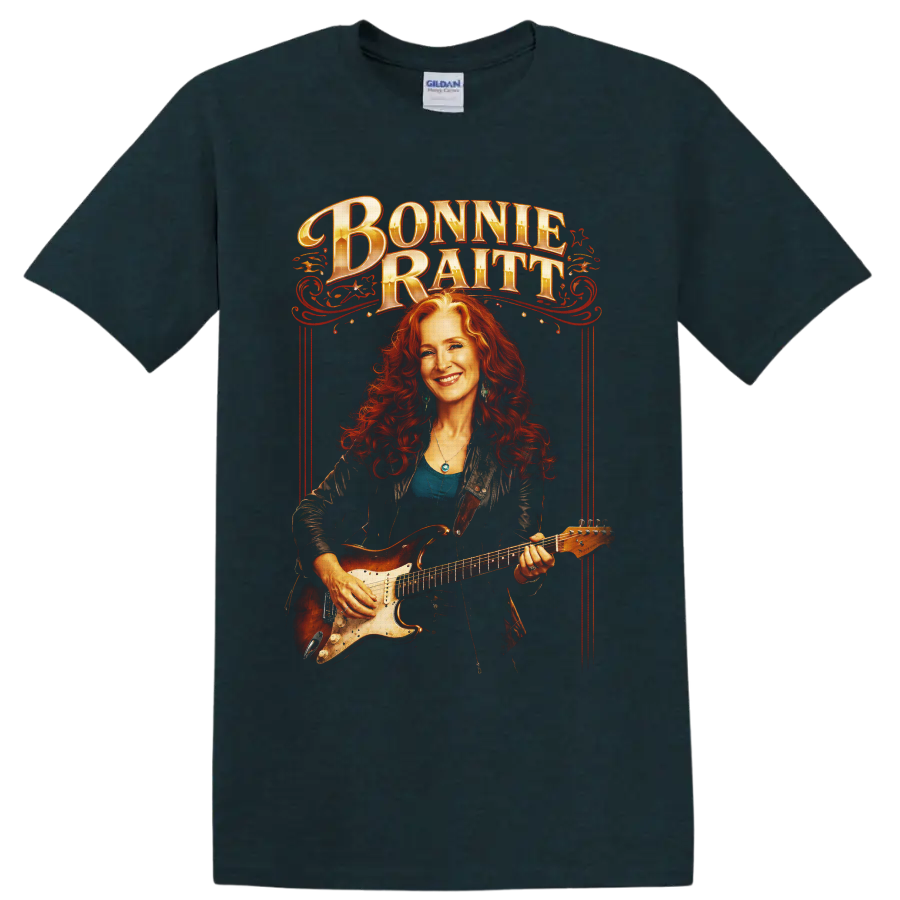 Bonnie Raitt guitarist portrait with ornate red vintage concert poster lettering on a Midnight (Green) T Shirt