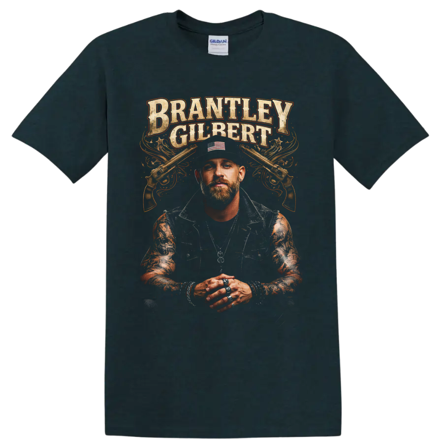 Brantley Gilbert portrait with crossed pistols and distressed western lettering on a Midnight (Green) T Shirt