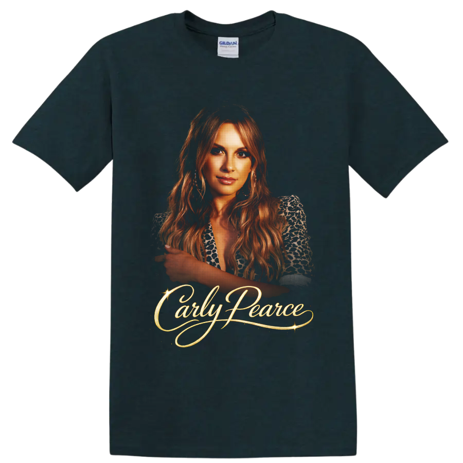 Carly Pearce country singer portrait with glowing gold script and sparkling accents on a Midnight (Green) T Shirt