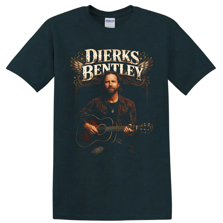 Dierks Bentley guitar portrait with winged vintage lettering and western flourishes on a Midnight (Green) T Shirt