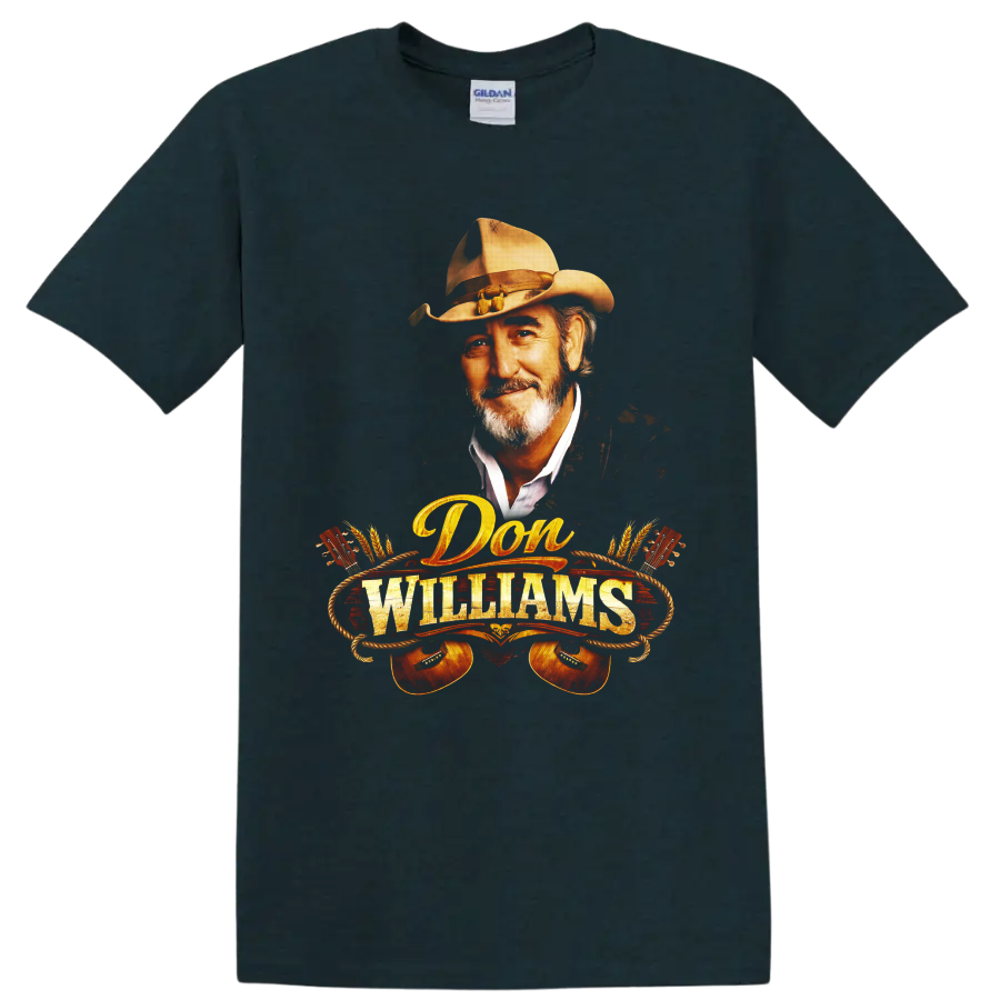 Don Williams cowboy hat portrait with guitars, rope, wheat, and western lettering on a Midnight (Green) T Shirt