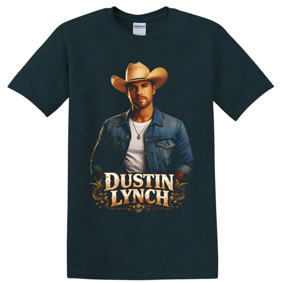Dustin Lynch cowboy hat portrait with distressed western lettering and gold scrollwork on a Midnight (Green) T Shirt