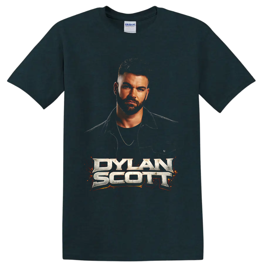 Dylan Scott portrait with metallic lettering and fiery red-orange country music graphics on a Midnight (Green) T Shirt