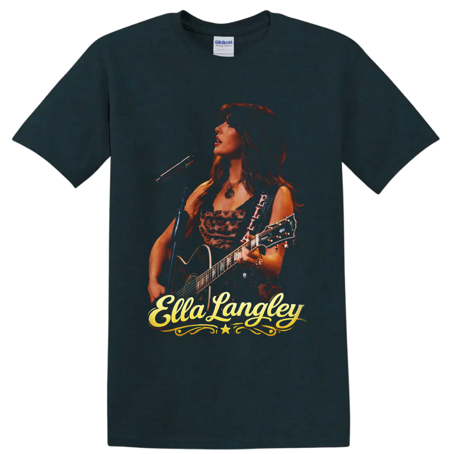 Ella Langley performing with guitar and microphone in a warm western concert portrait on a Midnight (Green) T Shirt