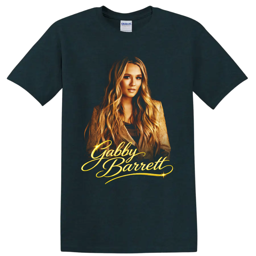 Gabby Barrett golden portrait with ornate script lettering and sparkling starbursts on a Midnight (Green) T Shirt