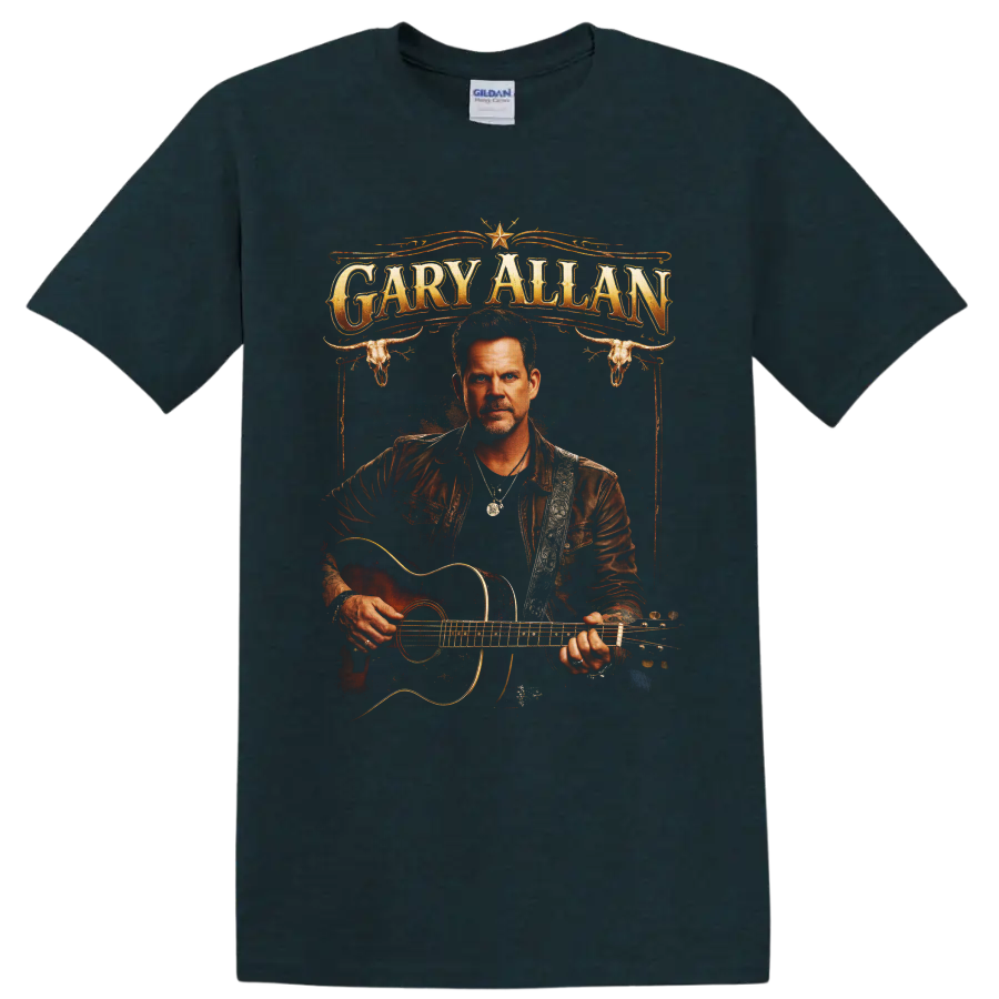 Gary Allan guitar portrait with western lettering, longhorn skulls, and ornate flourishes on a Midnight (Green) T Shirt
