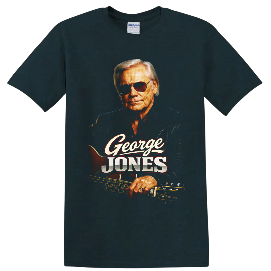 George Jones portrait with sunglasses, guitar, and vintage George Jones lettering on a Midnight (Green) T Shirt