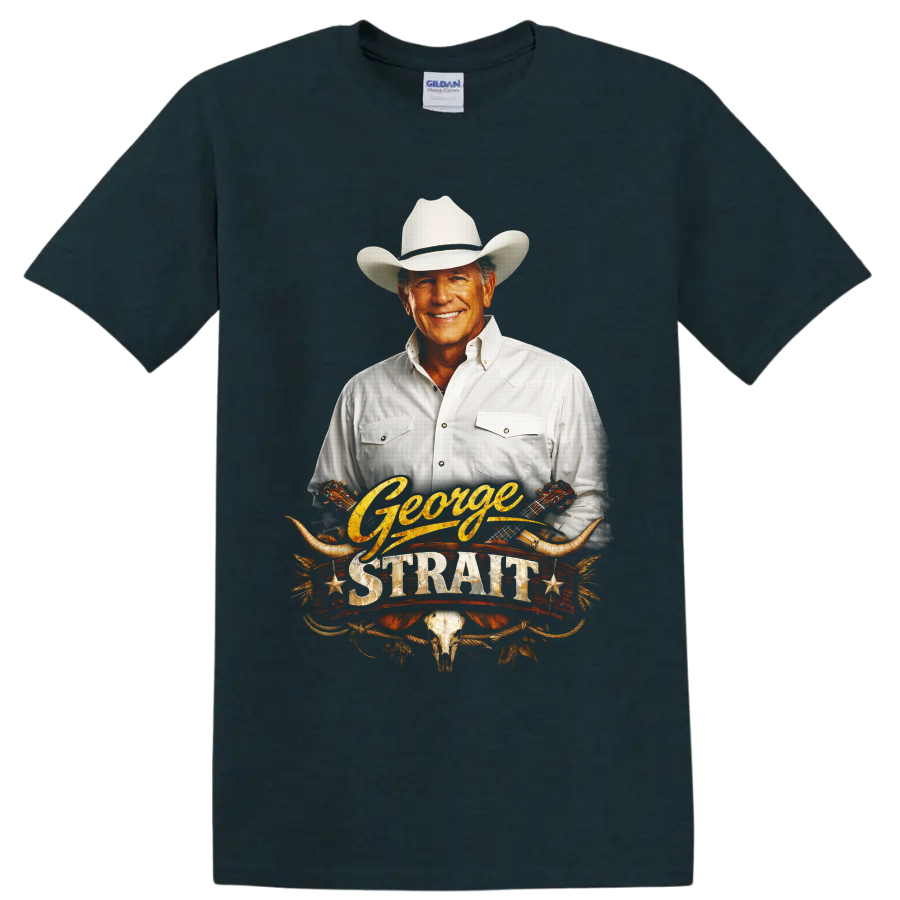 George Strait portrait with cowboy hat, guitars, longhorns, and western rope artwork on a Midnight (Green) T Shirt