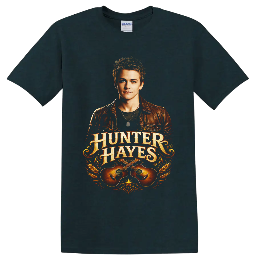Hunter Hayes portrait with ornate lettering, crossed acoustic guitars, wheat, and western on a Midnight (Green) T Shirt
