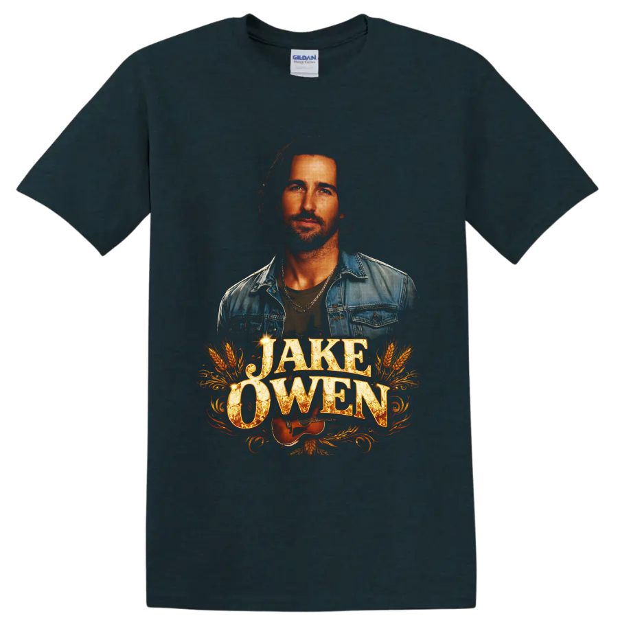 Jake Owen portrait with guitar, wheat, western flourishes, and distressed lettering on a Midnight (Green) T Shirt