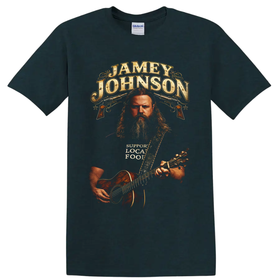 Jamey Johnson western portrait with acoustic guitar, pistols, and distressed lettering on a Midnight (Green) T Shirt