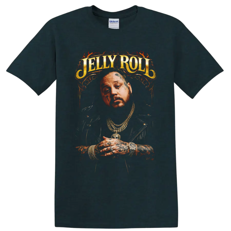 Jelly Roll tattooed portrait with ornate gold lettering and fiery red flourishes on a Midnight (Green) T Shirt