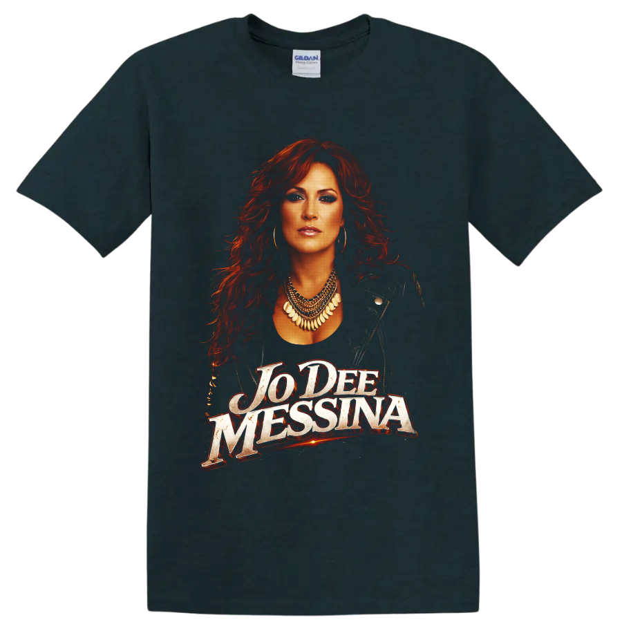 Jo Dee Messina red-haired country singer portrait with distressed name lettering on a Midnight (Green) T Shirt