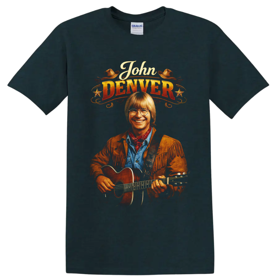 John Denver western portrait with acoustic guitar, cowboy hats, stars, and vintage on a Midnight (Green) T Shirt