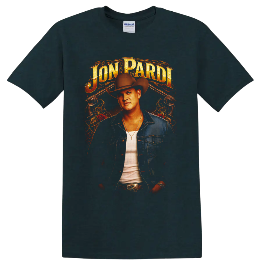 Jon Pardi western portrait with cowboy hat, roses, revolvers, flames, and gold lettering on a Midnight (Green) T Shirt