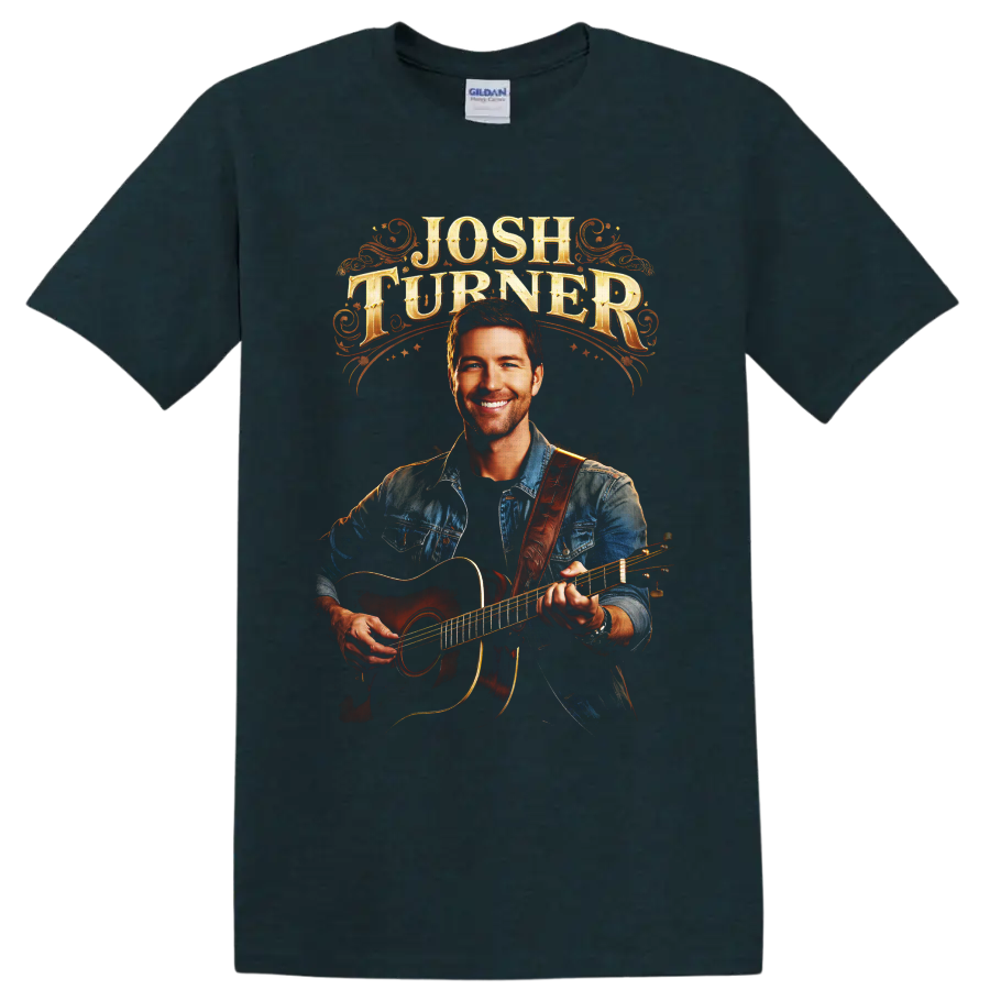 Josh Turner acoustic guitar portrait with ornate western lettering on a Midnight (Green) T Shirt