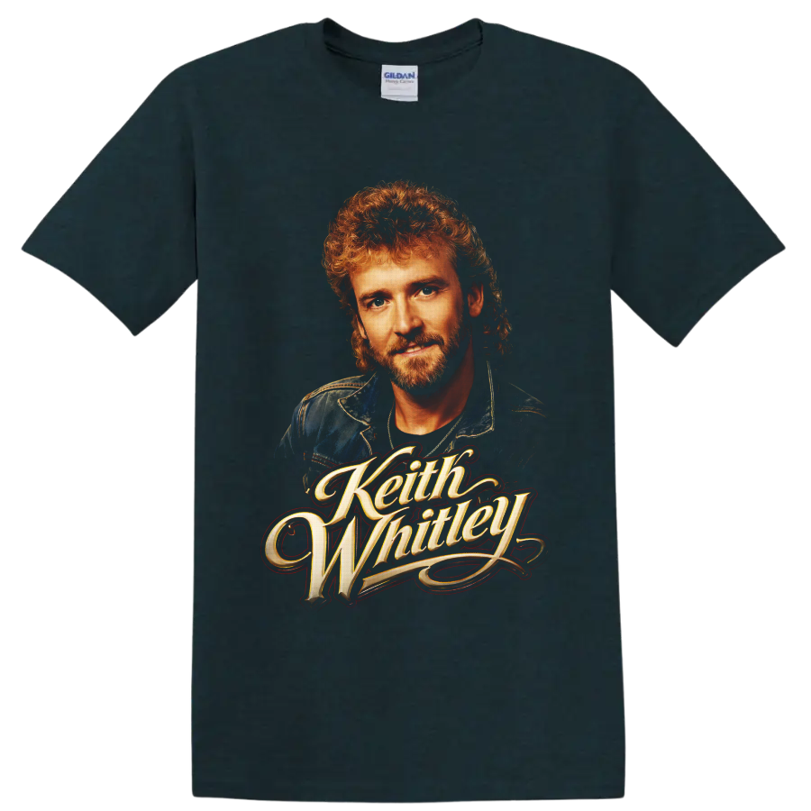 Keith Whitley portrait with ornate gold script in vintage country music poster style on a Midnight (Green) T Shirt