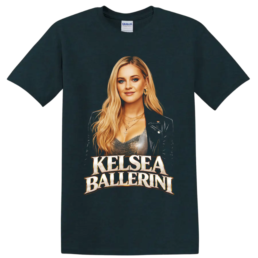Kelsea Ballerini portrait with warm gold lettering in a concert-inspired graphic style on a Midnight (Green) T Shirt