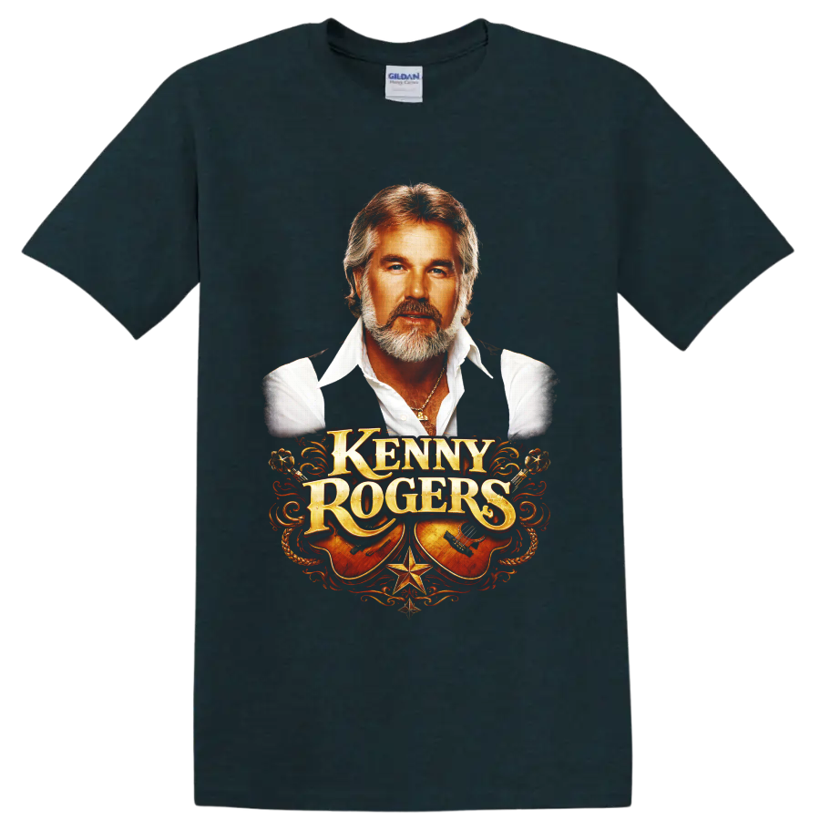 Kenny Rogers portrait with ornate western lettering, acoustic guitars, rope, and stars on a Midnight (Green) T Shirt