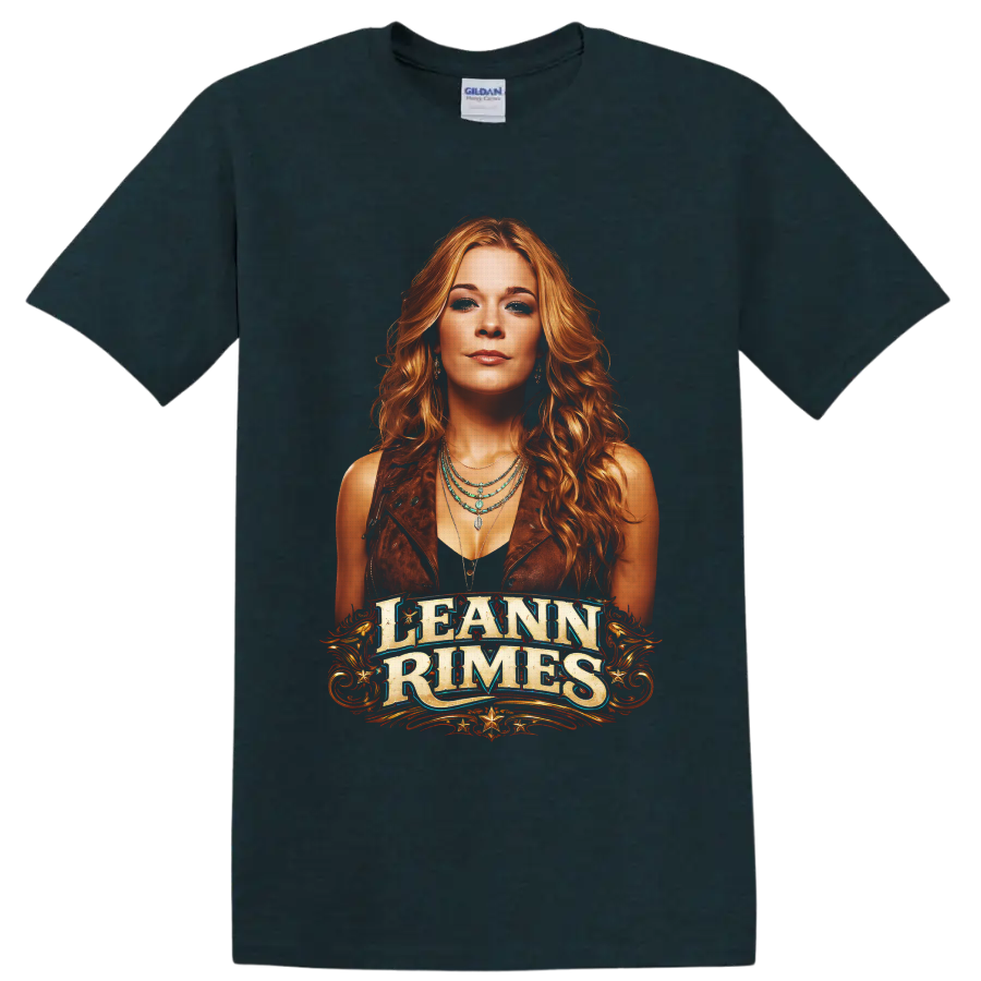LeAnn Rimes western portrait with ornate lettering, gold flourishes, and turquoise jewelry on a Midnight (Green) T Shirt