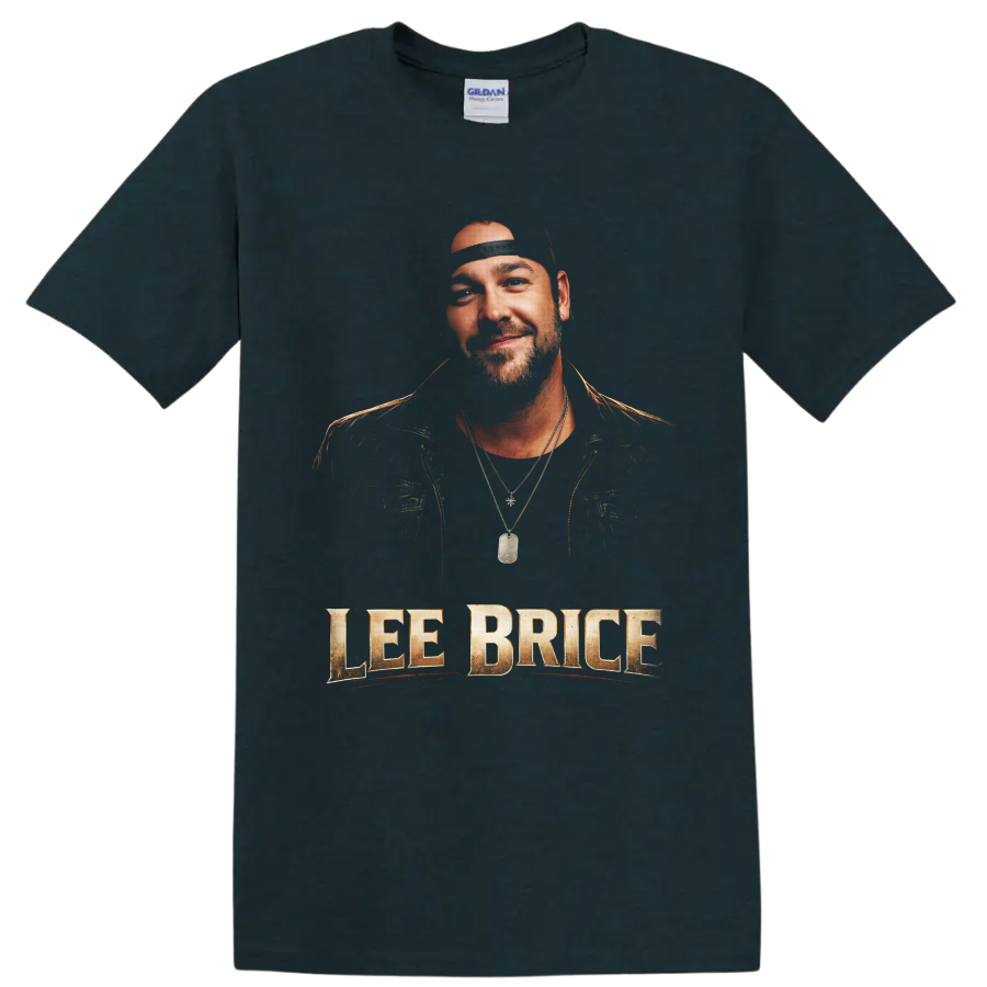 Lee Brice portrait with distressed gold name lettering in country concert poster style on a Midnight (Green) T Shirt