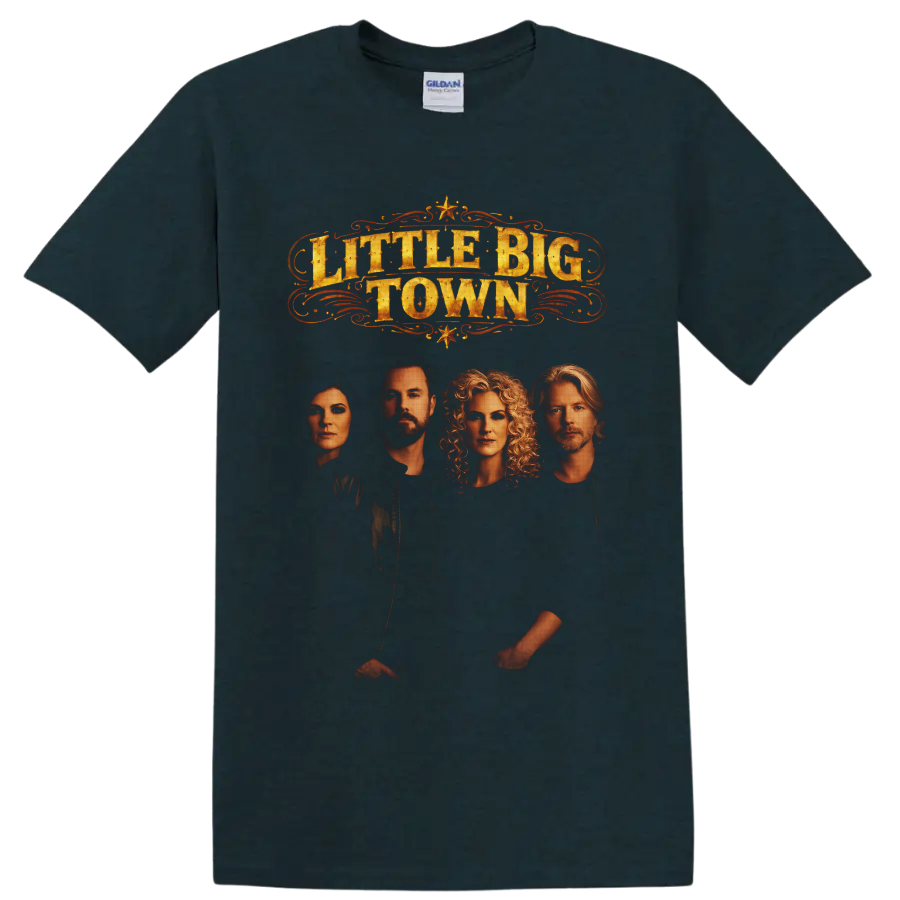 Little Big Town portraits with distressed gold western lettering, scrollwork, and stars on a Midnight (Green) T Shirt