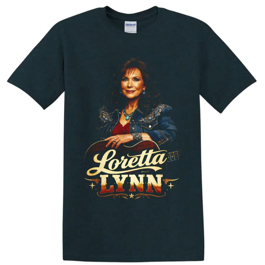 Loretta Lynn portrait with acoustic guitar and vintage Western country lettering on a Midnight (Green) T Shirt