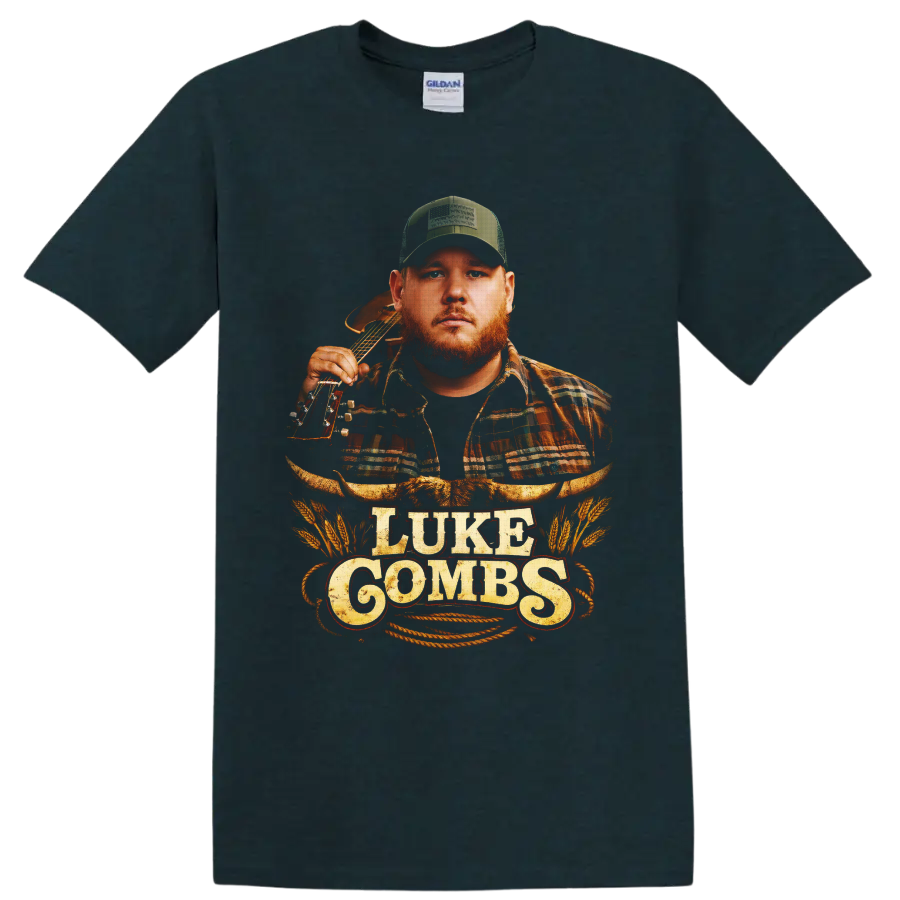Luke Combs portrait with acoustic guitar, longhorn skull, wheat, rope, and western on a Midnight (Green) T Shirt