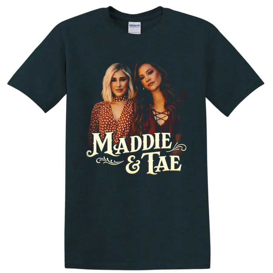 Maddie & Tae country duo portraits with vintage western lettering and flourishes on a Midnight (Green) T Shirt